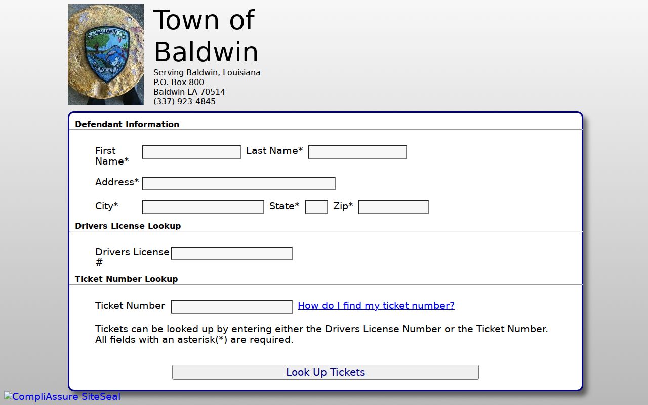 Baldwin Quick-Court page for municipal ticket and court-status lookup