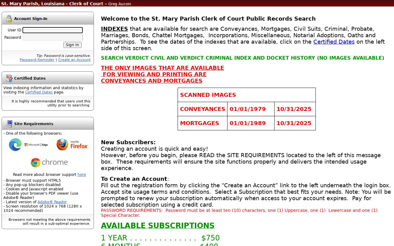 St. Mary Parish case search St. Mary ESearch sign-in screen for docket history access