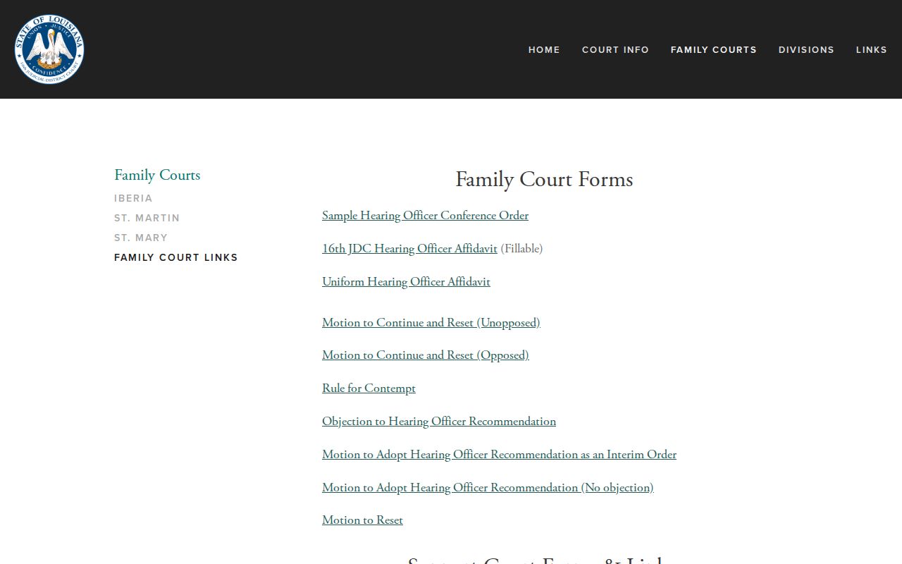 St. Mary Parish court dates family court links with calendar and reset form resources