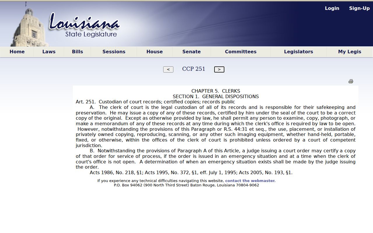 Louisiana Code of Civil Procedure article 251 on clerk custody and court-record copies
