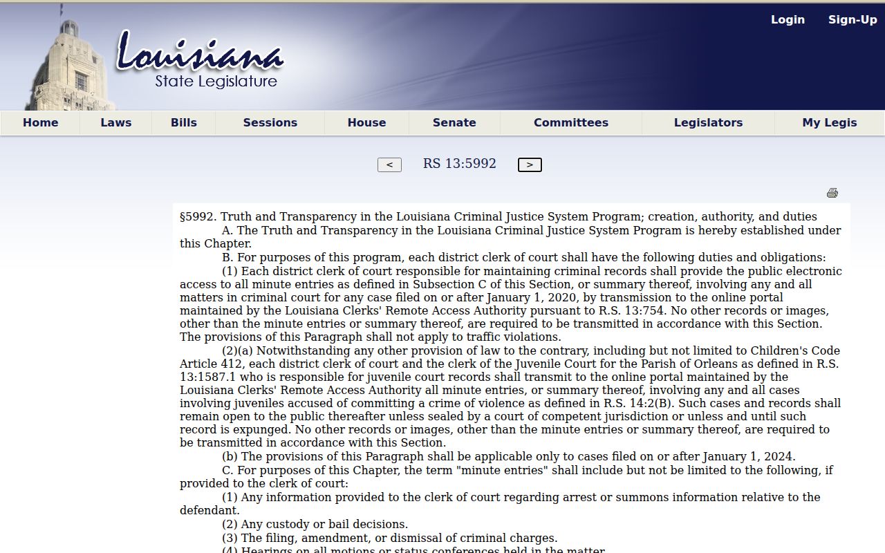 Louisiana statute page on public electronic criminal minute-entry access